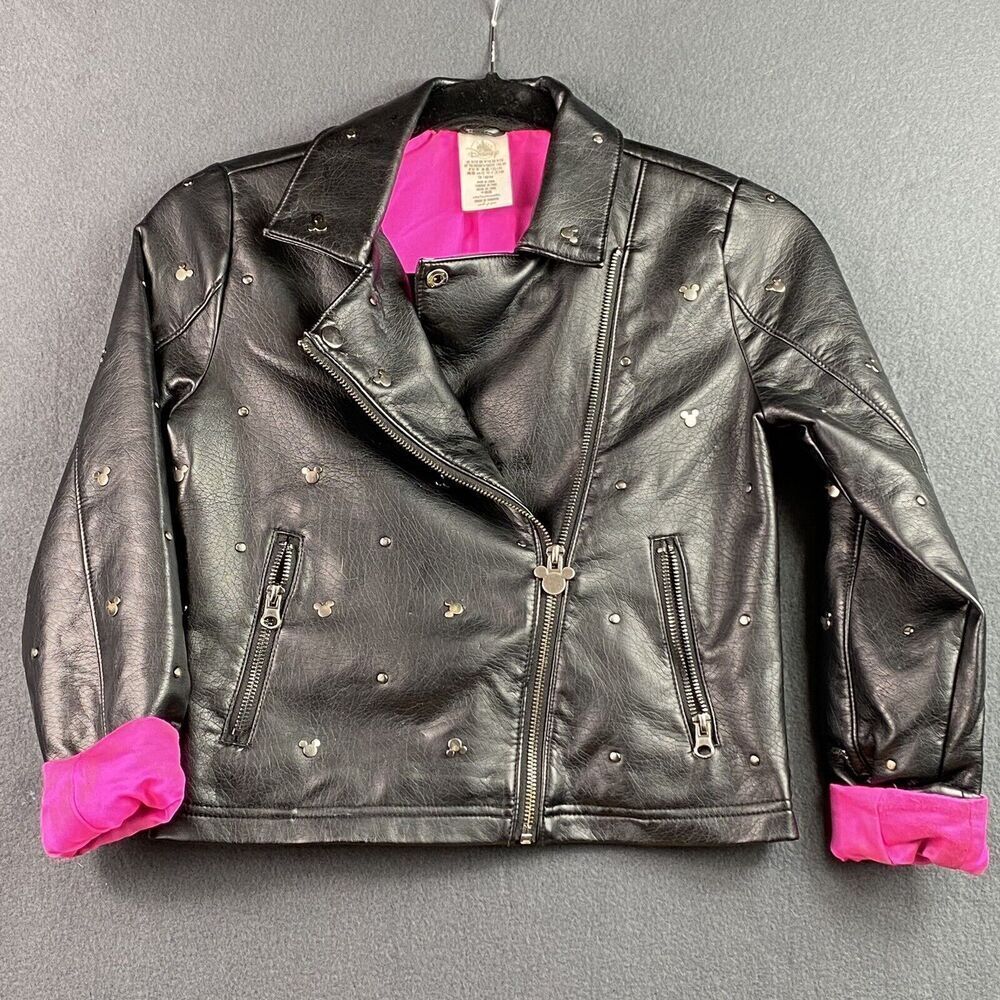Disney Moto Zip Faux Leather Mickey Mouse Studded Jacket Size 9-10 Black Pink